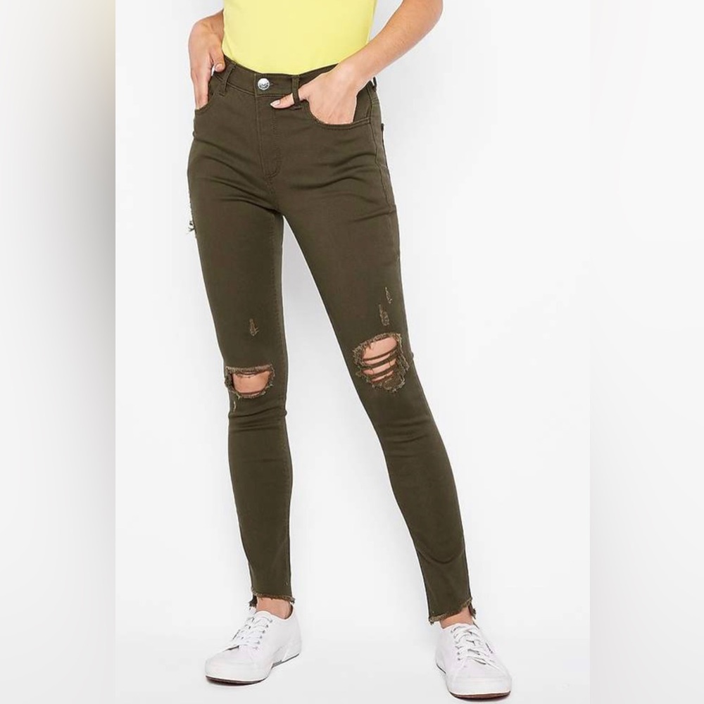 EXPRESS Ankle Distressed Denim Legging Size 8R Olive Green